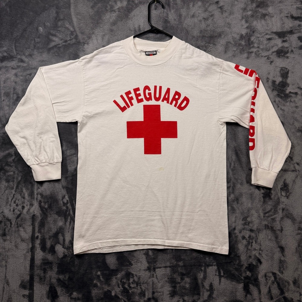 Signal Sport T-Shirt Mens Medium White Lifeguard Long Sleeve Graphic USA Made